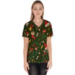 Texture, Pattern, Red, Craciun, Christmas, Hat, Santa, Green Women s V-Neck Scrub Top