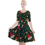 Texture, Pattern, Red, Craciun, Christmas, Hat, Santa, Green Quarter Sleeve A-Line Dress With Pockets