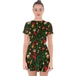 Texture, Pattern, Red, Craciun, Christmas, Hat, Santa, Green Drop Hem Mini Chiffon Dress