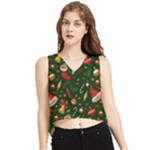 Texture, Pattern, Red, Craciun, Christmas, Hat, Santa, Green V-Neck Cropped Tank Top