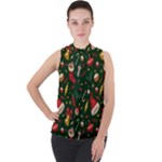 Texture, Pattern, Red, Craciun, Christmas, Hat, Santa, Green Mock Neck Chiffon Sleeveless Top