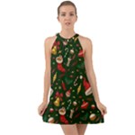 Texture, Pattern, Red, Craciun, Christmas, Hat, Santa, Green Halter Tie Back Chiffon Dress