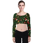 Texture, Pattern, Red, Craciun, Christmas, Hat, Santa, Green Velvet Long Sleeve Crop Top