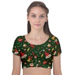 Texture, Pattern, Red, Craciun, Christmas, Hat, Santa, Green Velvet Short Sleeve Crop Top 