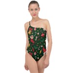 Texture, Pattern, Red, Craciun, Christmas, Hat, Santa, Green Classic One Shoulder Swimsuit