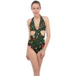 Texture, Pattern, Red, Craciun, Christmas, Hat, Santa, Green Halter Front Plunge Swimsuit