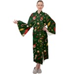 Texture, Pattern, Red, Craciun, Christmas, Hat, Santa, Green Maxi Velvet Kimono