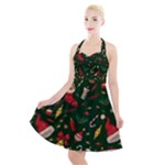 Texture, Pattern, Red, Craciun, Christmas, Hat, Santa, Green Halter Party Swing Dress 