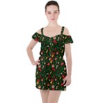 Texture, Pattern, Red, Craciun, Christmas, Hat, Santa, Green Ruffle Cut Out Chiffon Playsuit