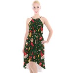 Texture, Pattern, Red, Craciun, Christmas, Hat, Santa, Green High-Low Halter Chiffon Dress 