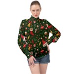 Texture, Pattern, Red, Craciun, Christmas, Hat, Santa, Green High Neck Long Sleeve Chiffon Top