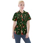 Texture, Pattern, Red, Craciun, Christmas, Hat, Santa, Green Women s Short Sleeve Pocket Shirt