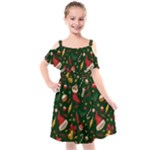 Texture, Pattern, Red, Craciun, Christmas, Hat, Santa, Green Kids  Cut Out Shoulders Chiffon Dress