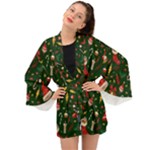 Texture, Pattern, Red, Craciun, Christmas, Hat, Santa, Green Long Sleeve Kimono