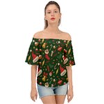 Texture, Pattern, Red, Craciun, Christmas, Hat, Santa, Green Off Shoulder Short Sleeve Top