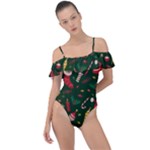 Texture, Pattern, Red, Craciun, Christmas, Hat, Santa, Green Frill Detail One Piece Swimsuit