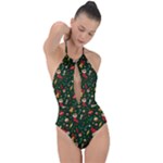 Texture, Pattern, Red, Craciun, Christmas, Hat, Santa, Green Plunge Cut Halter Swimsuit