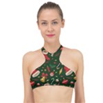 Texture, Pattern, Red, Craciun, Christmas, Hat, Santa, Green High Neck Bikini Top