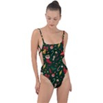 Texture, Pattern, Red, Craciun, Christmas, Hat, Santa, Green Tie Strap One Piece Swimsuit