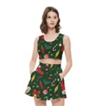 Texture, Pattern, Red, Craciun, Christmas, Hat, Santa, Green Women s Crop Top Pleated Skater Rave Skirt