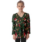 Texture, Pattern, Red, Craciun, Christmas, Hat, Santa, Green Kids  V Neck Casual Top