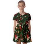 Texture, Pattern, Red, Craciun, Christmas, Hat, Santa, Green Kids  Short Sleeve Pinafore Style Dress