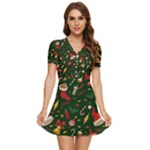 Texture, Pattern, Red, Craciun, Christmas, Hat, Santa, Green V-Neck High Waist Chiffon Mini Dress