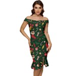 Texture, Pattern, Red, Craciun, Christmas, Hat, Santa, Green Off Shoulder Ruffle Split Hem Bodycon Dress