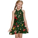 Texture, Pattern, Red, Craciun, Christmas, Hat, Santa, Green Kids  Halter Collar Waist Tie Chiffon Dress