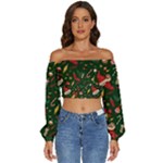 Texture, Pattern, Red, Craciun, Christmas, Hat, Santa, Green Long Sleeve Crinkled Weave Crop Top