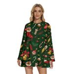 Texture, Pattern, Red, Craciun, Christmas, Hat, Santa, Green Round Neck Long Sleeve Bohemian Style Chiffon Mini Dress