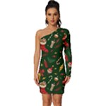 Texture, Pattern, Red, Craciun, Christmas, Hat, Santa, Green Long Sleeve One Shoulder Mini Dress