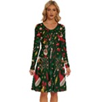 Texture, Pattern, Red, Craciun, Christmas, Hat, Santa, Green Long Sleeve Dress With Pocket