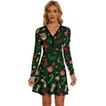 Texture, Pattern, Red, Craciun, Christmas, Hat, Santa, Green Long Sleeve Deep V Mini Dress 