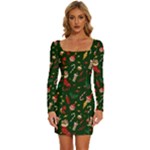 Texture, Pattern, Red, Craciun, Christmas, Hat, Santa, Green Long Sleeve Square Neck Bodycon Velvet Dress