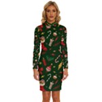 Texture, Pattern, Red, Craciun, Christmas, Hat, Santa, Green Long Sleeve Shirt Collar Bodycon Dress