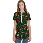 Texture, Pattern, Red, Craciun, Christmas, Hat, Santa, Green Women s Zip Front V-Neck Short Sleeve Casual Top Pocket Shirt