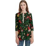 Texture, Pattern, Red, Craciun, Christmas, Hat, Santa, Green Women s Zip Front V-Neck 3/4 Sleeve Casual Top Pocket Shirt