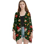 Texture, Pattern, Red, Craciun, Christmas, Hat, Santa, Green Open Front 3/4 Sleeve Batwing Chiffon Cardigan Kimono