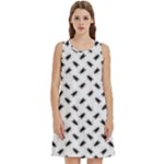 Fly Phot Motif Seamless Black And White Pattern Round Neck Sleeve Casual Dress With Pockets