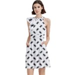 Fly Phot Motif Seamless Black And White Pattern Cocktail Party Halter Sleeveless Dress With Pockets