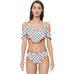 Fly Phot Motif Seamless Black And White Pattern Ruffle Edge Tie Up Bikini Set	