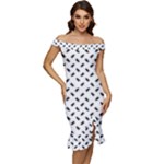 Fly Phot Motif Seamless Black And White Pattern Off Shoulder Ruffle Split Hem Bodycon Dress