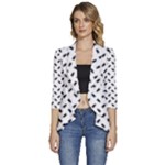 Fly Phot Motif Seamless Black And White Pattern Women s 3/4 Sleeve Ruffle Edge Open Front Jacket