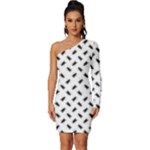 Fly Phot Motif Seamless Black And White Pattern Long Sleeve One Shoulder Mini Dress