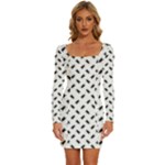 Fly Phot Motif Seamless Black And White Pattern Long Sleeve Square Neck Bodycon Velvet Dress