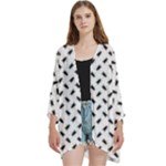 Fly Phot Motif Seamless Black And White Pattern Open Front 3/4 Sleeve Batwing Chiffon Cardigan Kimono