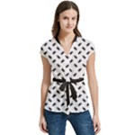 Fly Away in Black & White  Women s Cap Sleeve Mandarin Collar Waist Tie Blouse