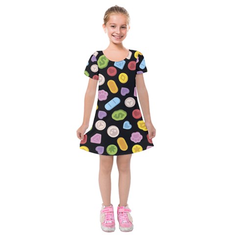 Ecstasy pills pattern Kids  Short Sleeve Velvet Dress from ArtsNow.com