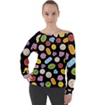 Ecstasy pills pattern Off Shoulder Long Sleeve Velour Top